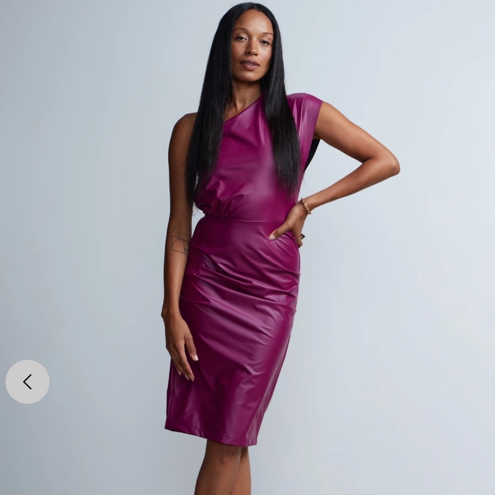Faux Leather One-Shoulder Drape Dress in Dewberry